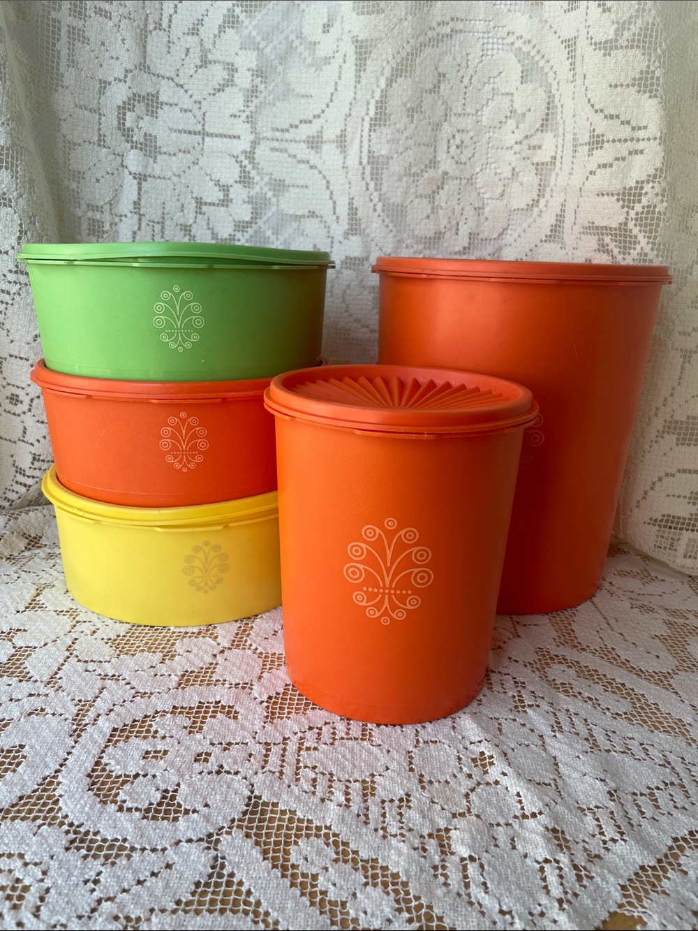 Tupperware Orange, Green & Yellow Retro Floral Canister Set